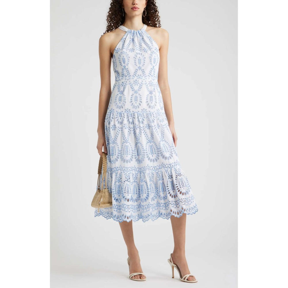 Chelsea28 Women's M Embroidered Eyelet Tiered Dress White Blue Coastal Boho NWT